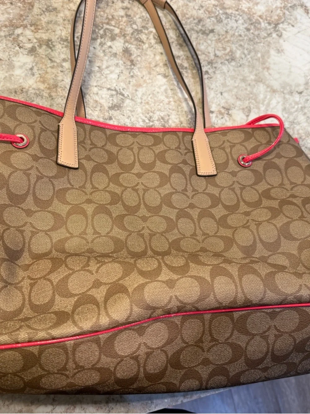Coach Brown Signature Canvas Tote with Pink Stripe and Tan Trim